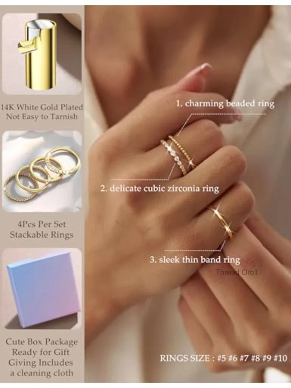 14K Gold Plated Stackable Rings Set Dainty Cubic Zirconia Non Tarnish Rings for